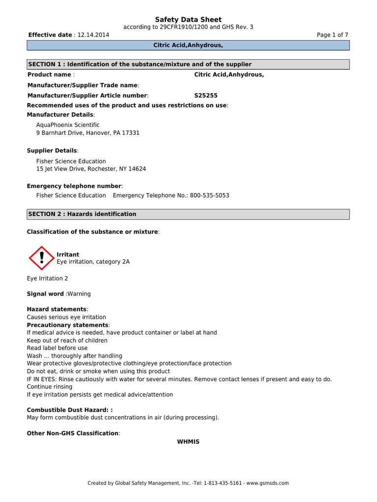 Citric acid msds pdf dangerous goods toxicity
