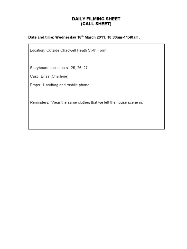 Daily Filming Call Sheet Template | PDF