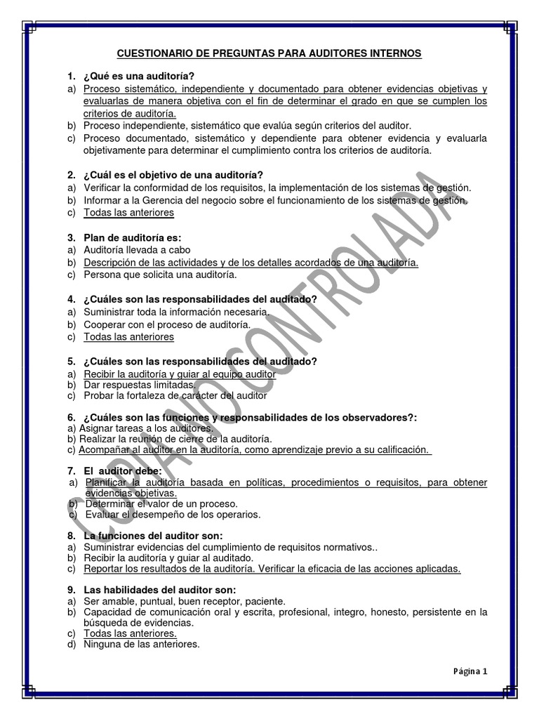 Cuestionario para Auditores Internos | PDF | Auditoría | Contralor