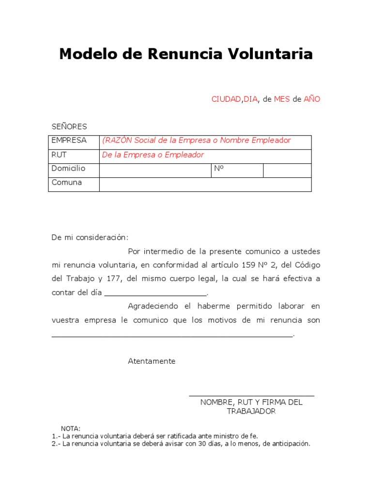Carta de Renuncia Laboral Voluntaria (Modelo Válido para Chile) | PDF
