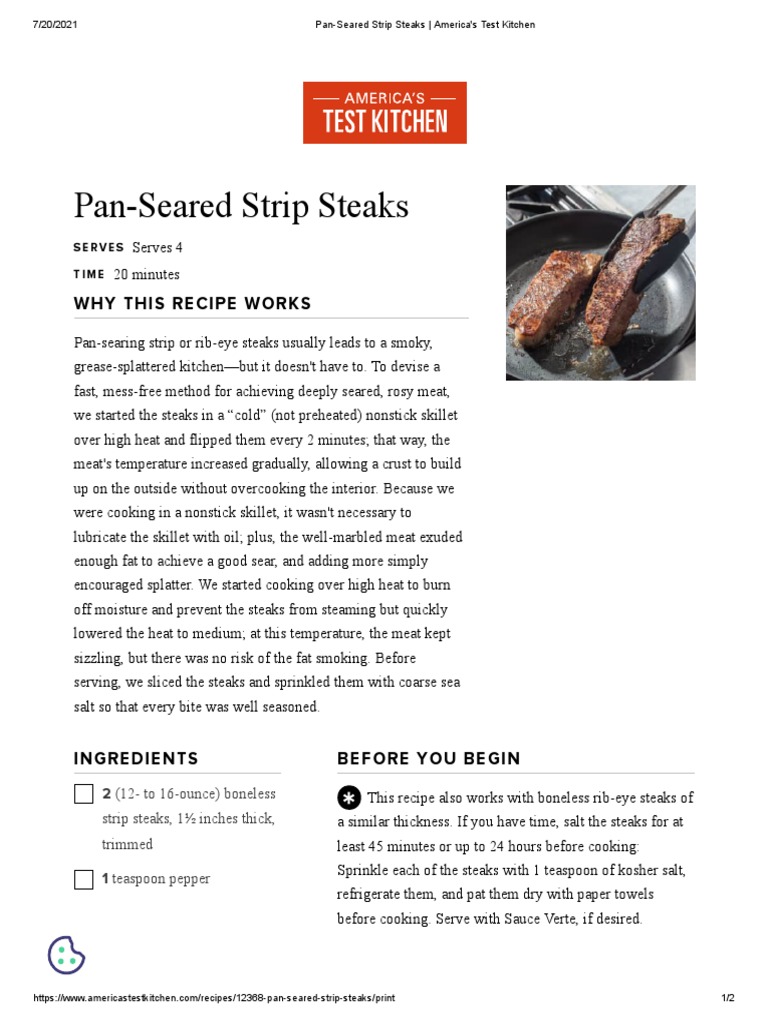 PanSeared Strip Steaks America's Test Kitchen PDF Steak Cooking