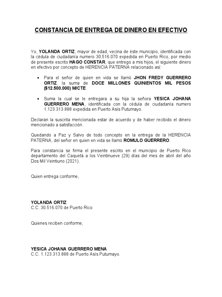 Constancia de Entrega de Herencia en Efectivo | PDF | Derecho