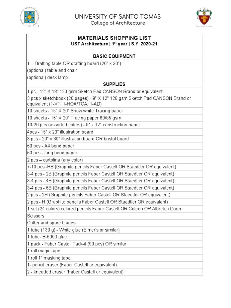 UST Architecture 1st Year Materials List | PDF | Pencil | Tools
