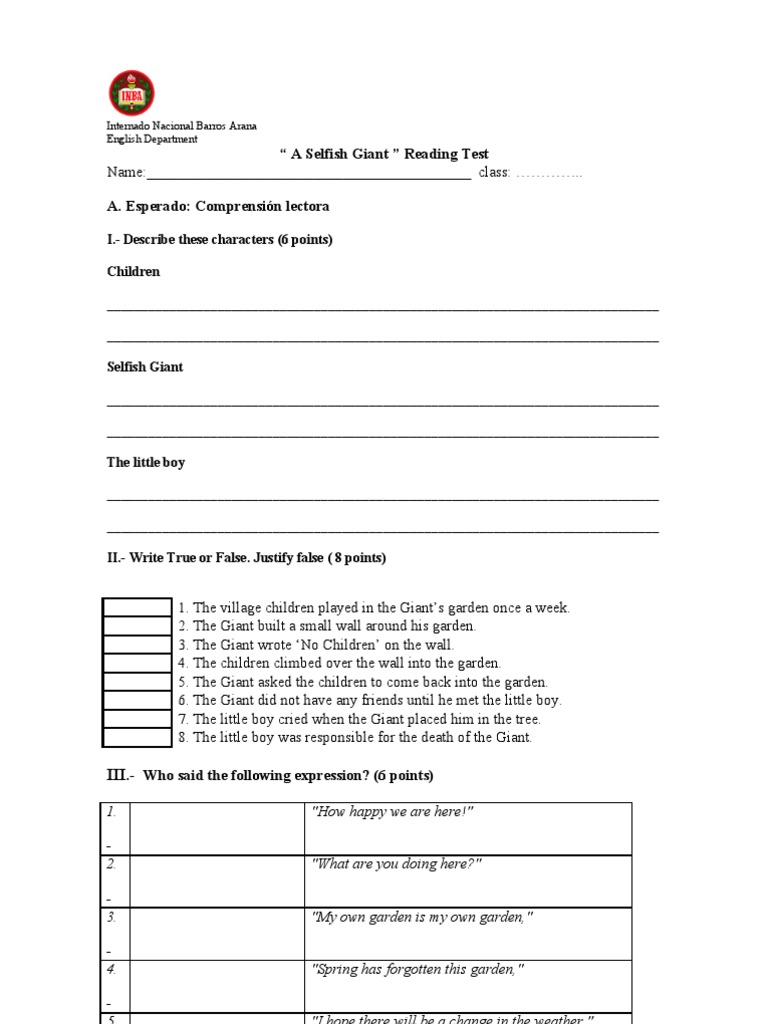 A Selfish Giant Reading Test | PDF