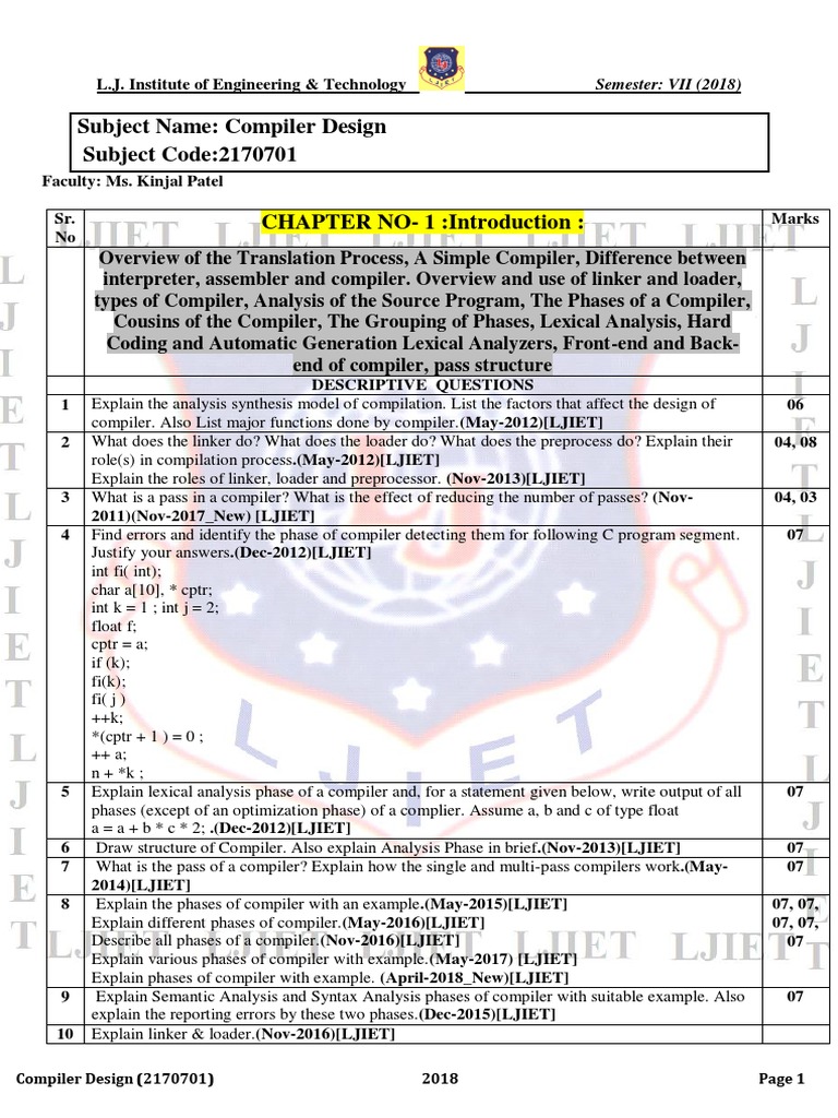 Subject Name: Compiler Design Subject Code:2170701 | Download Free PDF ...