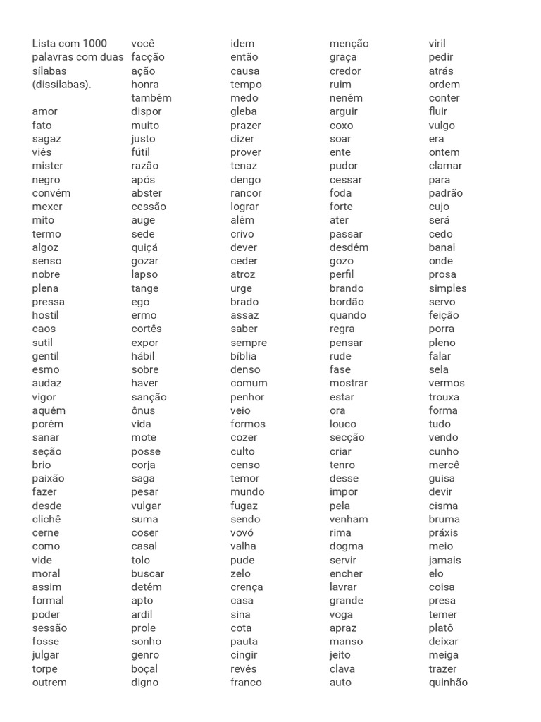 Lista Com 1000 Palavras Com Duas Sílabas | PDF | Religião e crença ...