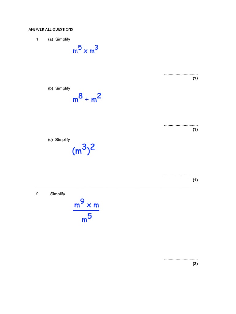 Laws of Indices Exercise PDF
