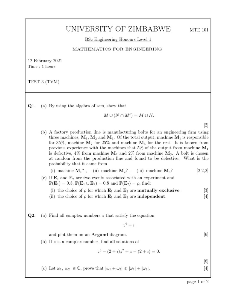 MTE 101 Engineering Maths Exam Paper | PDF | Mathematical Objects ...