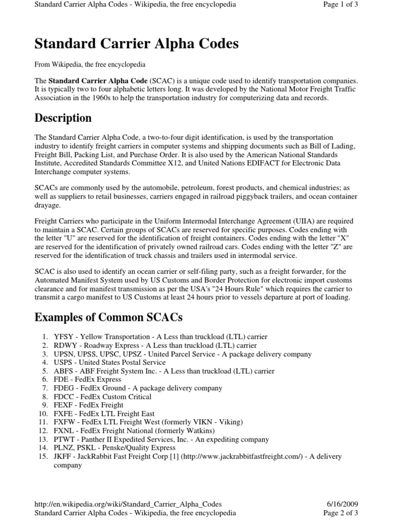 SCAC Code Commercial Item Transport And Distribution Water Transport