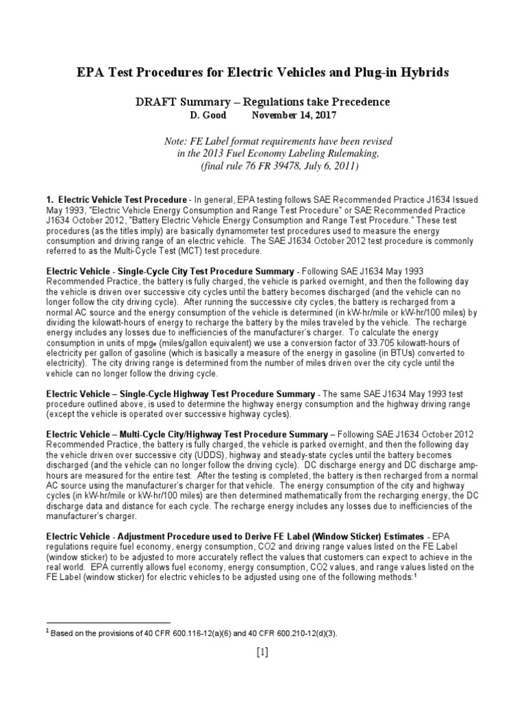 EPA Test Procedure For EVsPHEVs11142017 PDF Plug In Hybrid