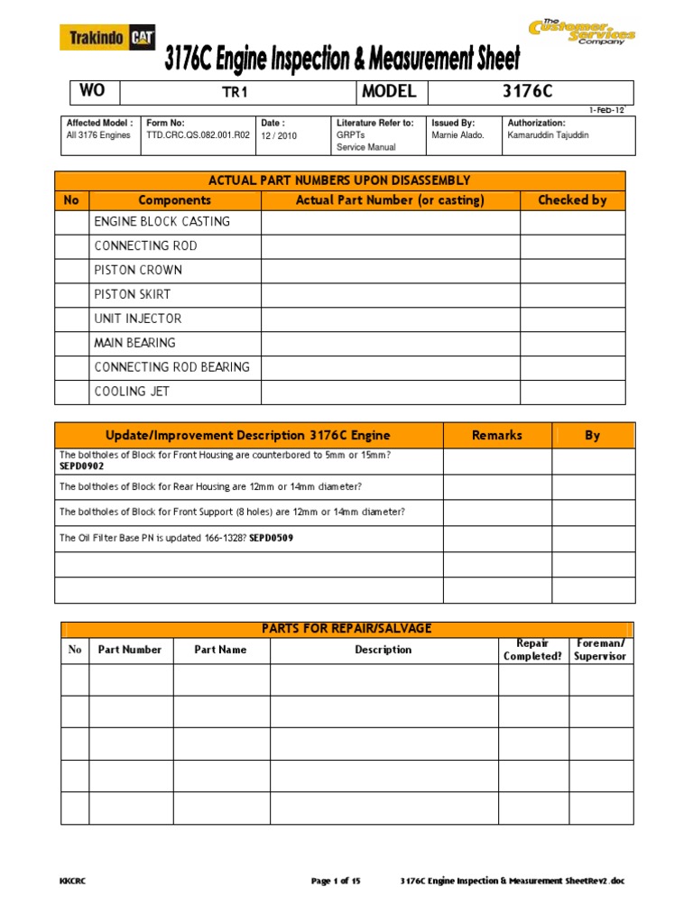 3176C Engine Inspection & Measurement Sheet | PDF | Piston | Pump