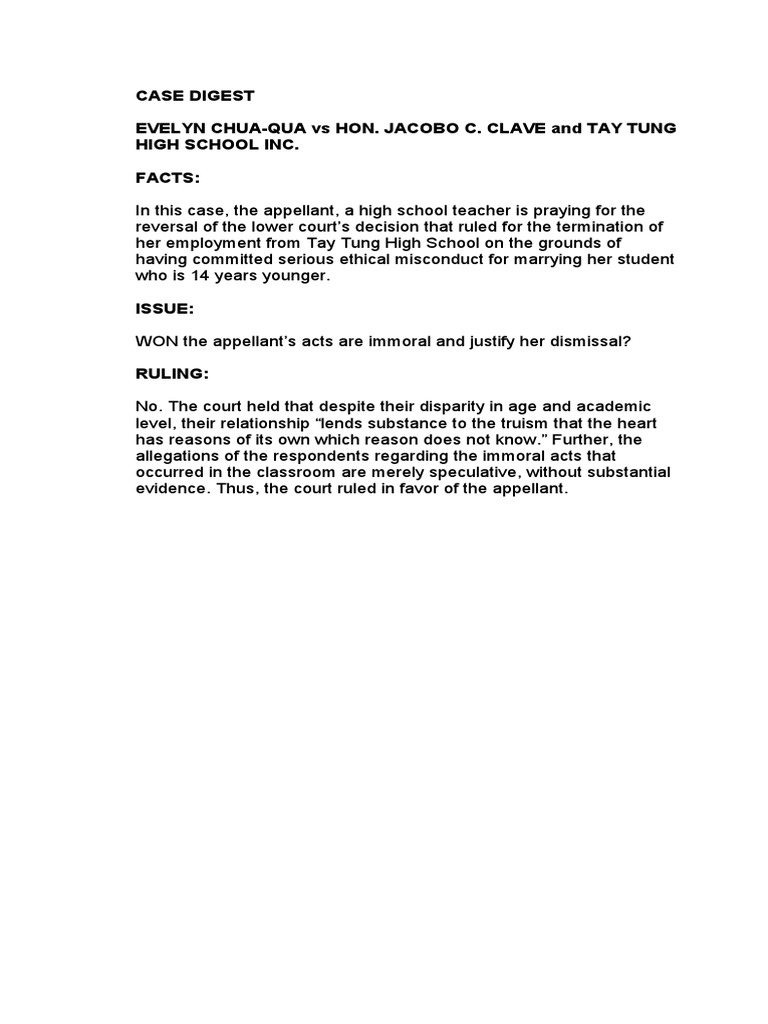 Evelyn ChuaQua Vs Hon. Jacobo C. Clave and Tay Tung High School Inc. PDF