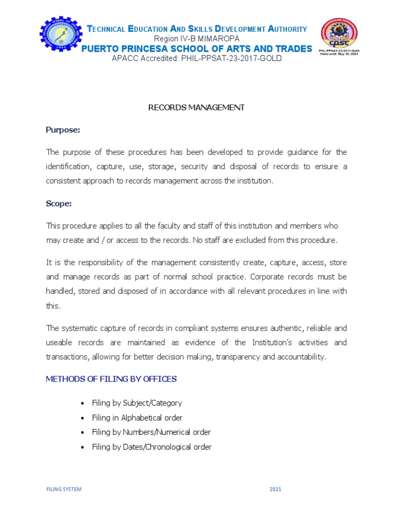 Records Management Filing System PDF Records Management Government