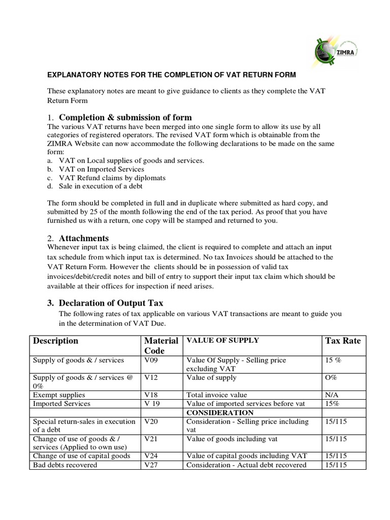 Explanatory Notes For The Completion of Vat Return Form PDF Value
