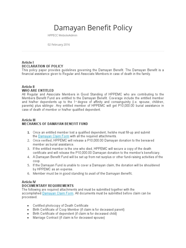 Damayan Benefit Policy Overview | PDF | Marriage, Unions And ...
