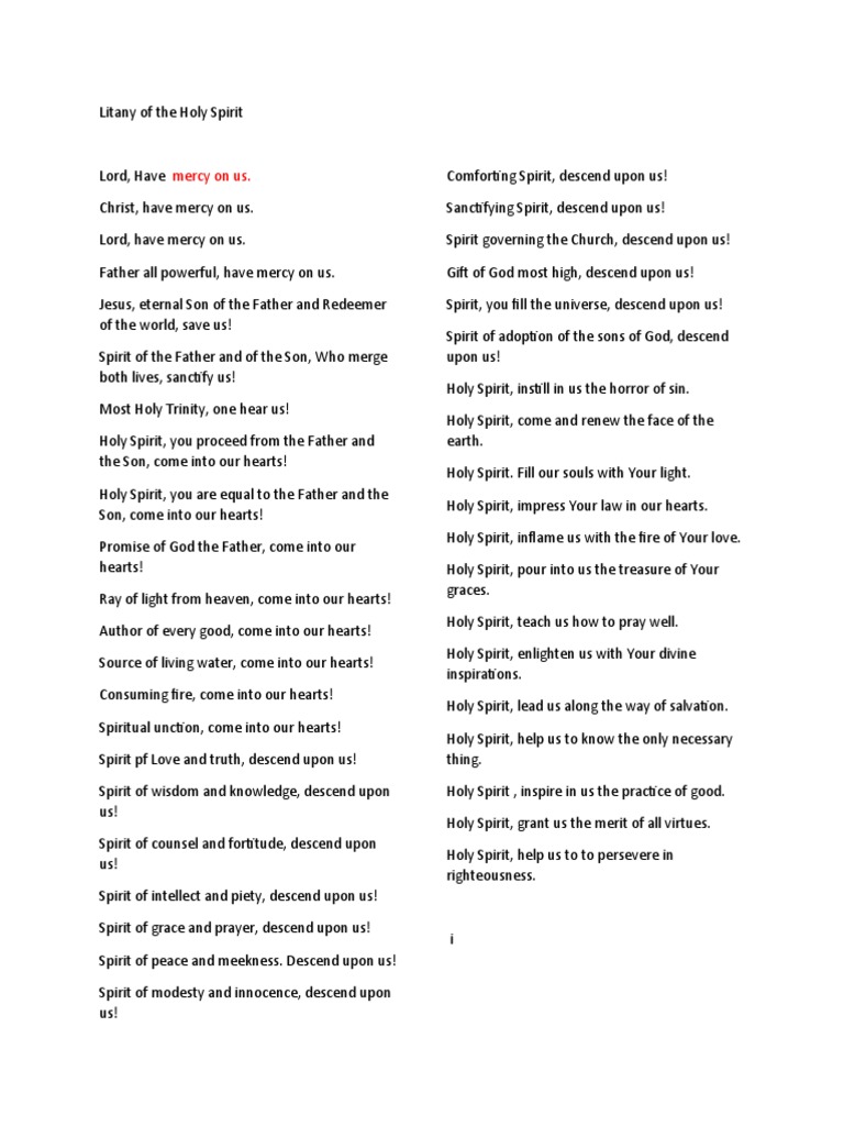 Litany of The Holy Spirit PDF Holy Spirit God The
