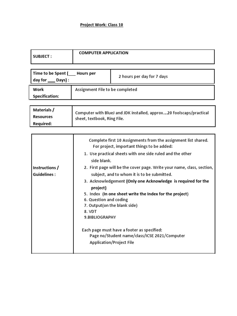 Project Work: Class 10 Computer Application Assignments | PDF ...