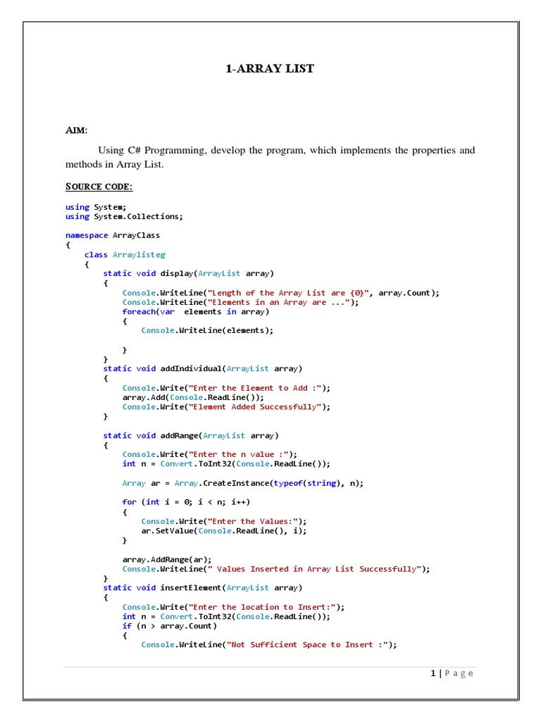ArrayList and MethodsExample Program in C# | PDF | C Sharp (Programming ...