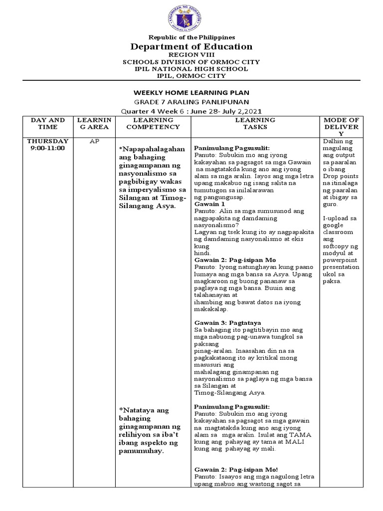 Weekly Home Learning Plan Ap 7 Q4 Week 6 | PDF