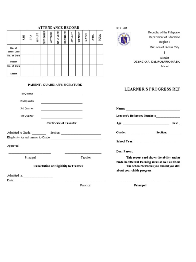 Junior High School Report Card Template | PDF | Learning | Human Nature