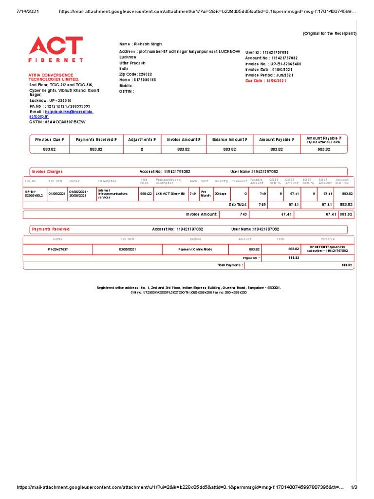 Internet Bill For June-21 | PDF | Cheque | Invoice
