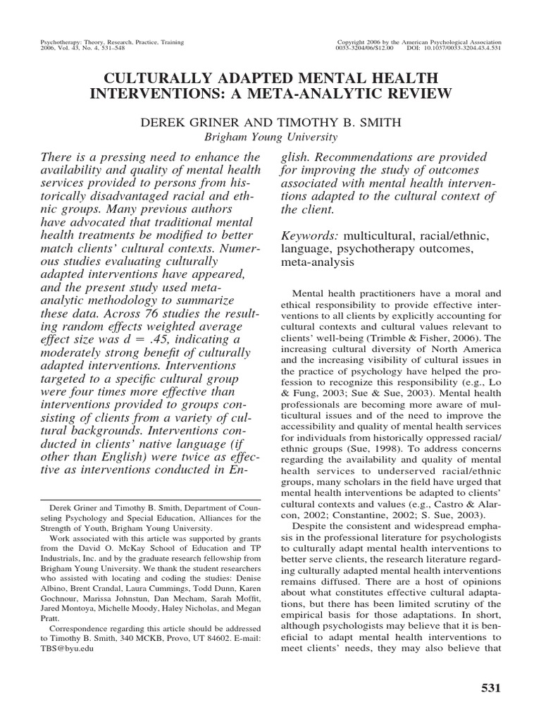 Culturally Adapted Mental Health Interventions A Meta-Analytic Review ...