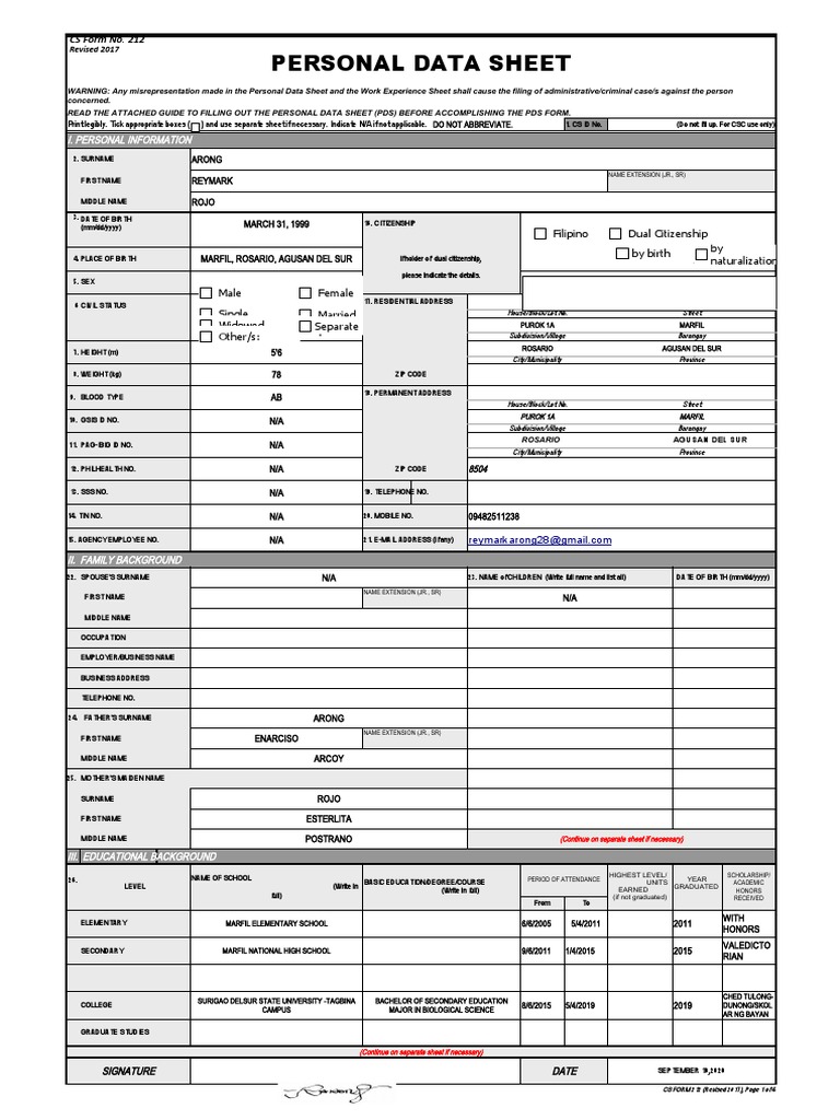 Personal Data Sheet: Filipino Dual Citizenship by Birth by ...