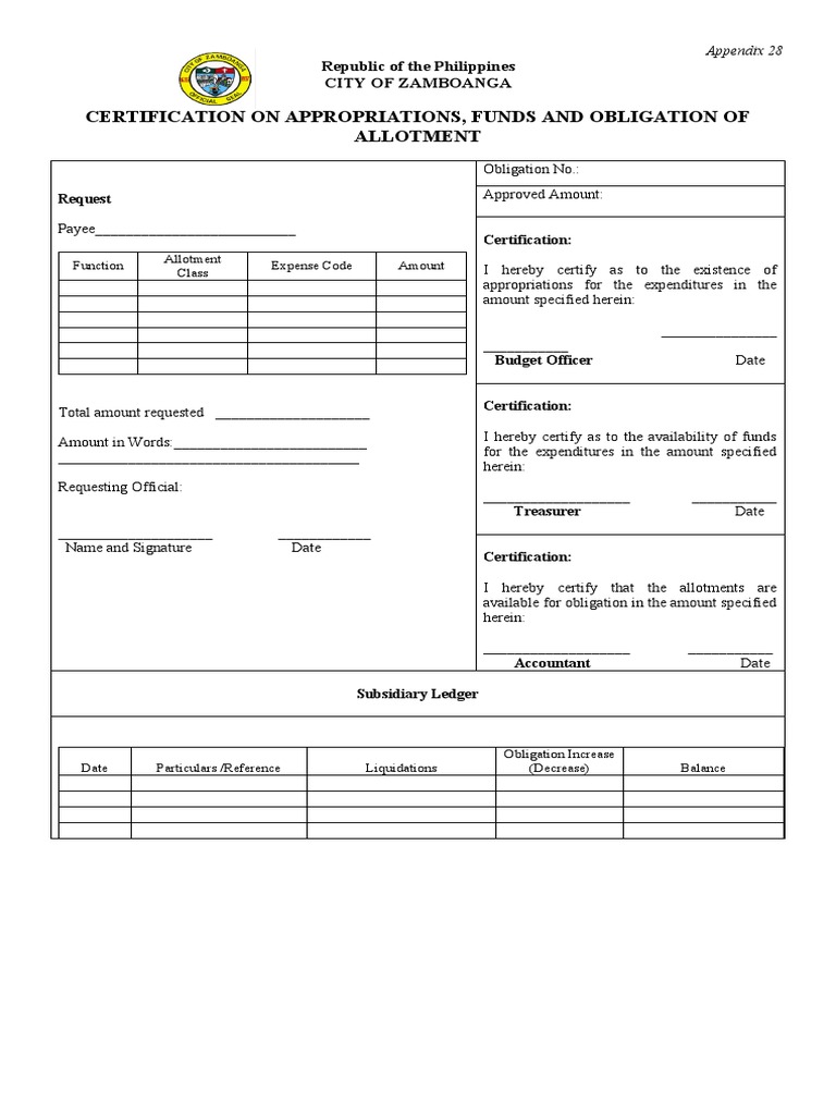 Certification On Appropriations, Funds and Obligation of Allotment ...
