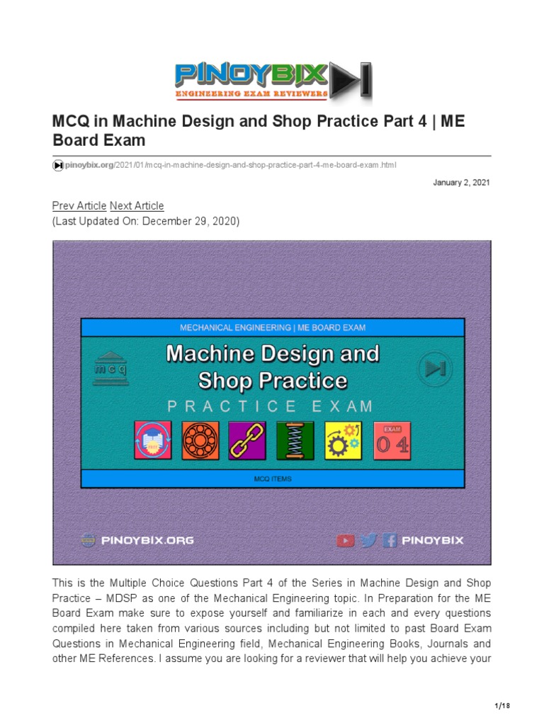 MCQ in Machine Design and Shop Practice Part 4 ME Board Exam | PDF ...
