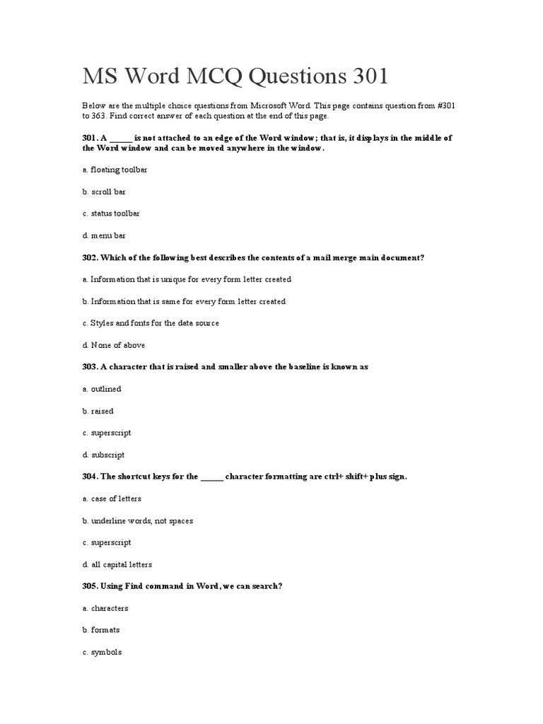 MS Word MCQ Questions 301 PDF Microsoft Word Note (Typography)