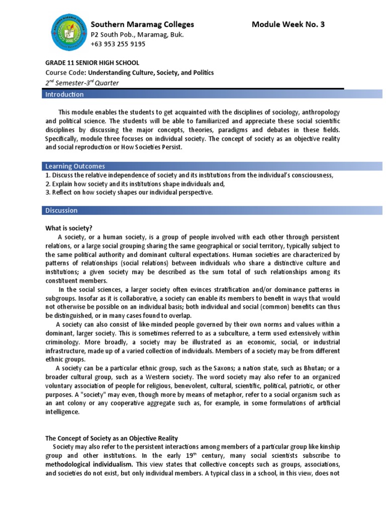 Understanding Society and Culture Module | PDF | Society | Institution