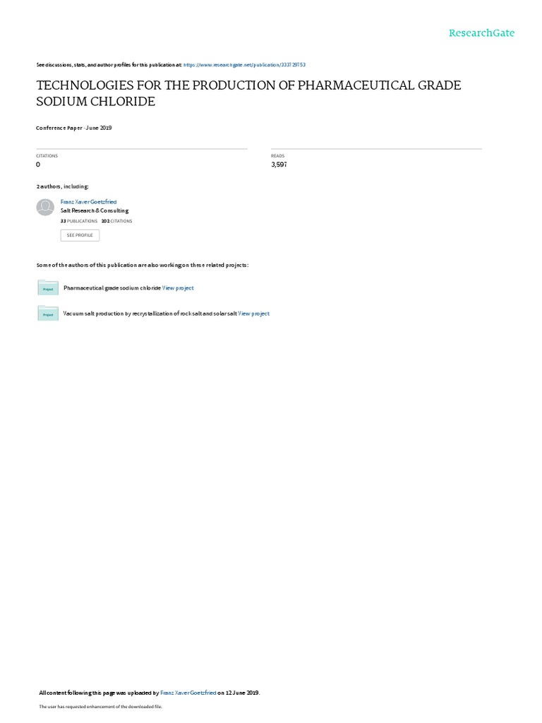 Pharmaceutical Grade Sodium Chloride Production | PDF | Salt | Dialysis