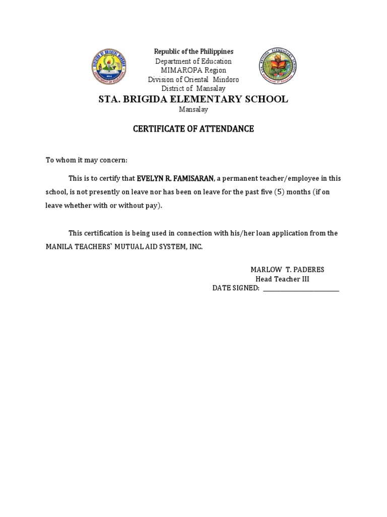 Sta. Brigida Elementary School: Certificate of Attendance | PDF |  Government | Philippines