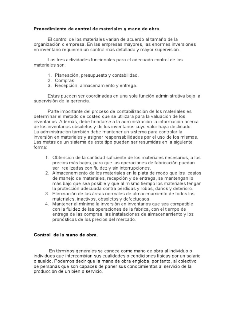Procedimiento de Control de Materiales y Mano de Obra | PDF | Salario ...