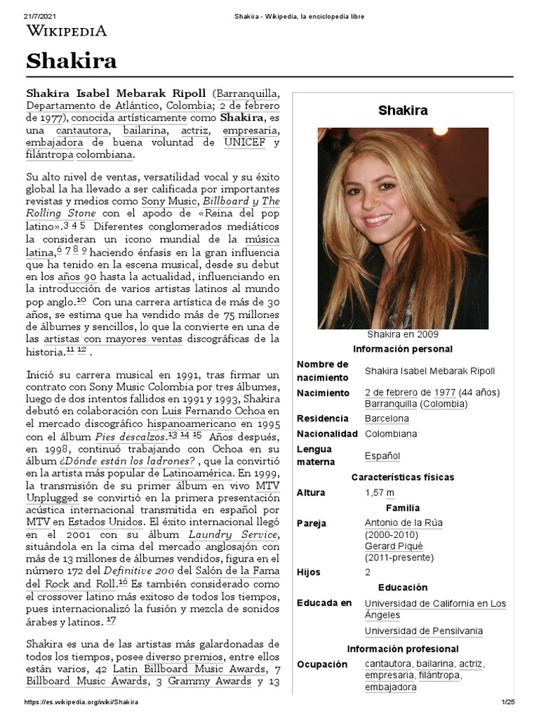 Shakira - Wikipedia, La Enciclopedia Libre | PDF | Musica en español