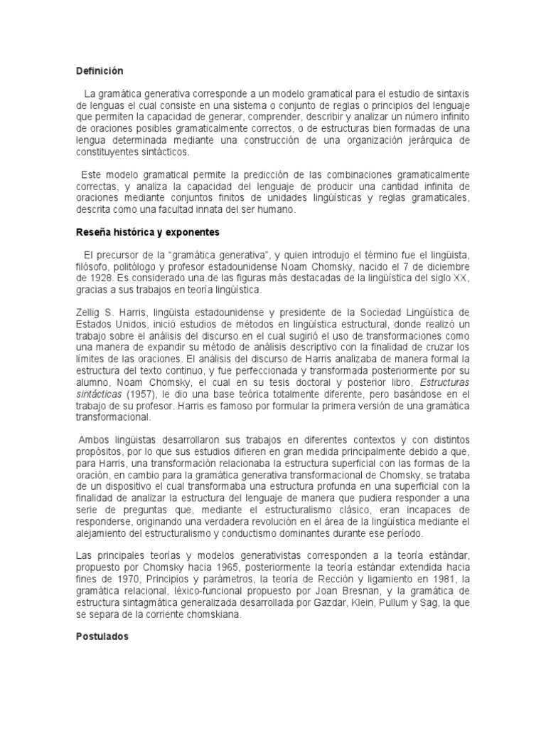 Gramatica Generativa Pdf Noam Chomsky Oración Lingüística