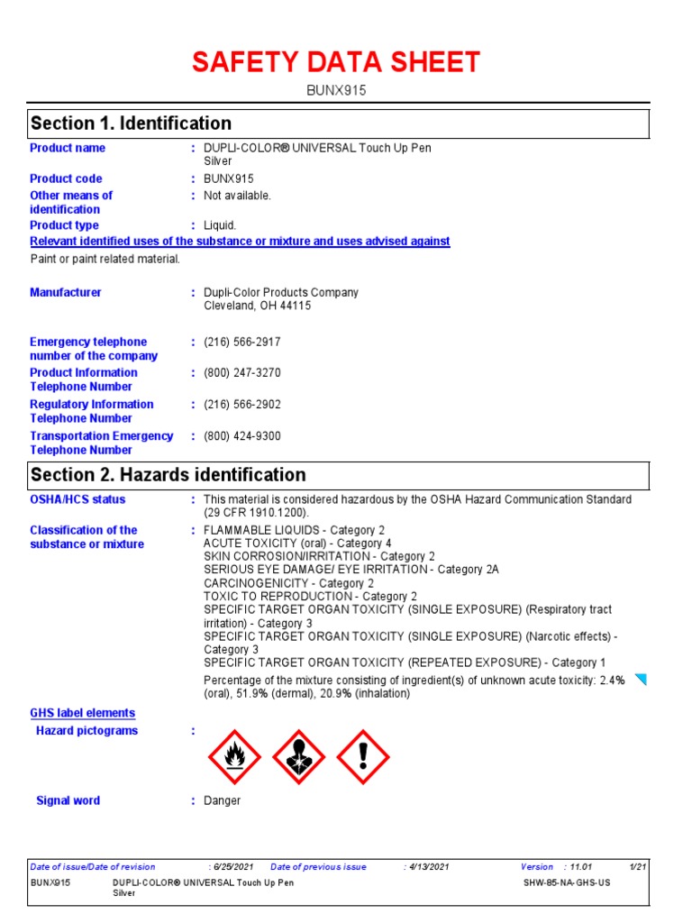 Safety Data Sheet Section Identification PDF Toxicity