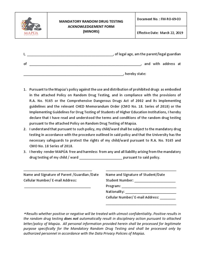 Mandatory Drug Testing Acknowledgement Form | PDF | Drug Test | Rights