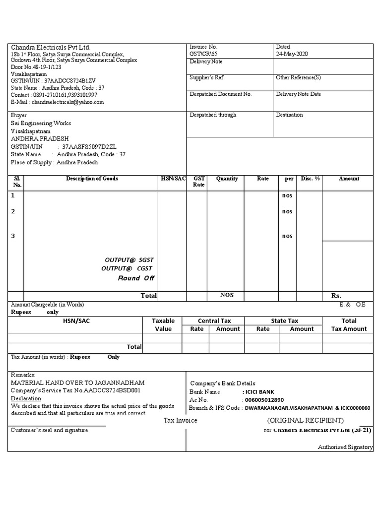 Chandra Electricals GST Invoice Template | PDF | Invoice | Trade
