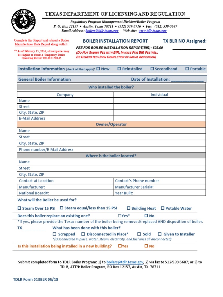 Texas Department of Licensing and Regulation: Boiler Installation ...