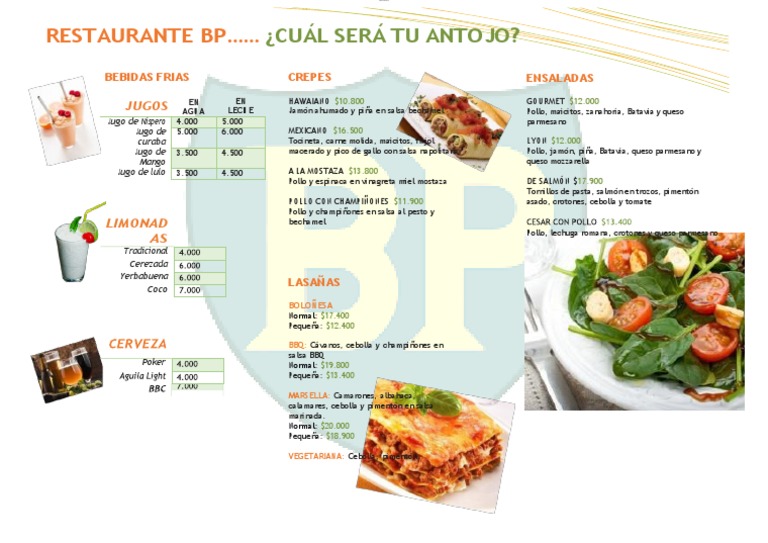 Menú del Restaurante BP: Comidas y Bebidas | PDF | Condimentos | Alimentos