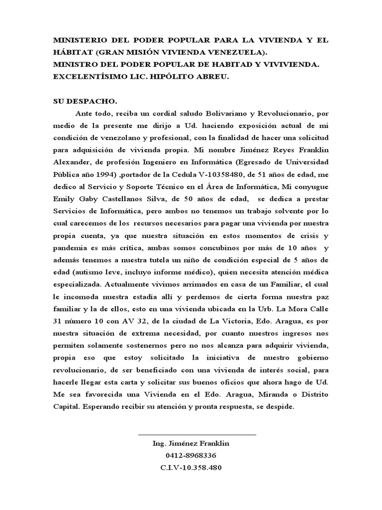 Carta De Solicitud De Vivienda Pdf