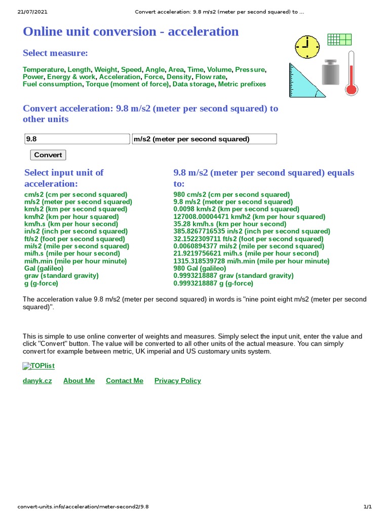 Convert Acceleration - 9.8 M - s2 (Meter Per Second Squared) To ...