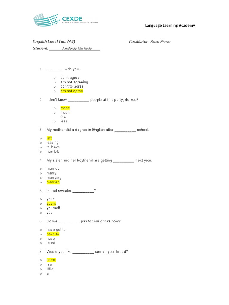 English Level Test A2 (43 Questions) PDF