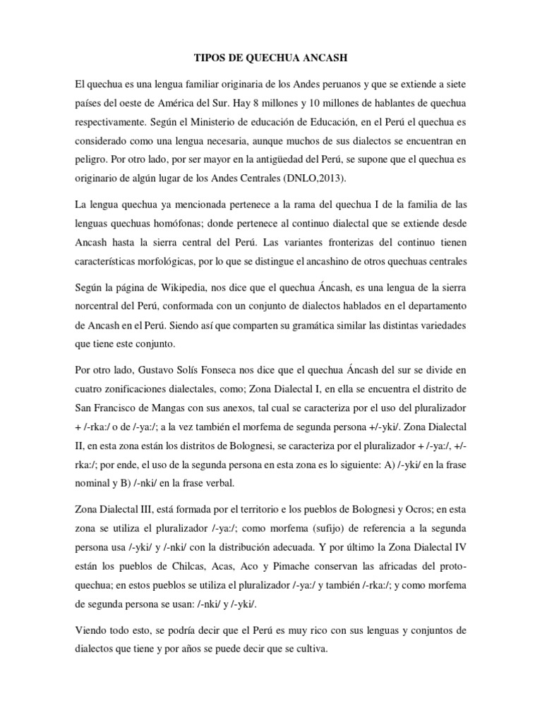 Tipos de Quechua en Ancash | PDF | Viajes y turismo | Artes del ...