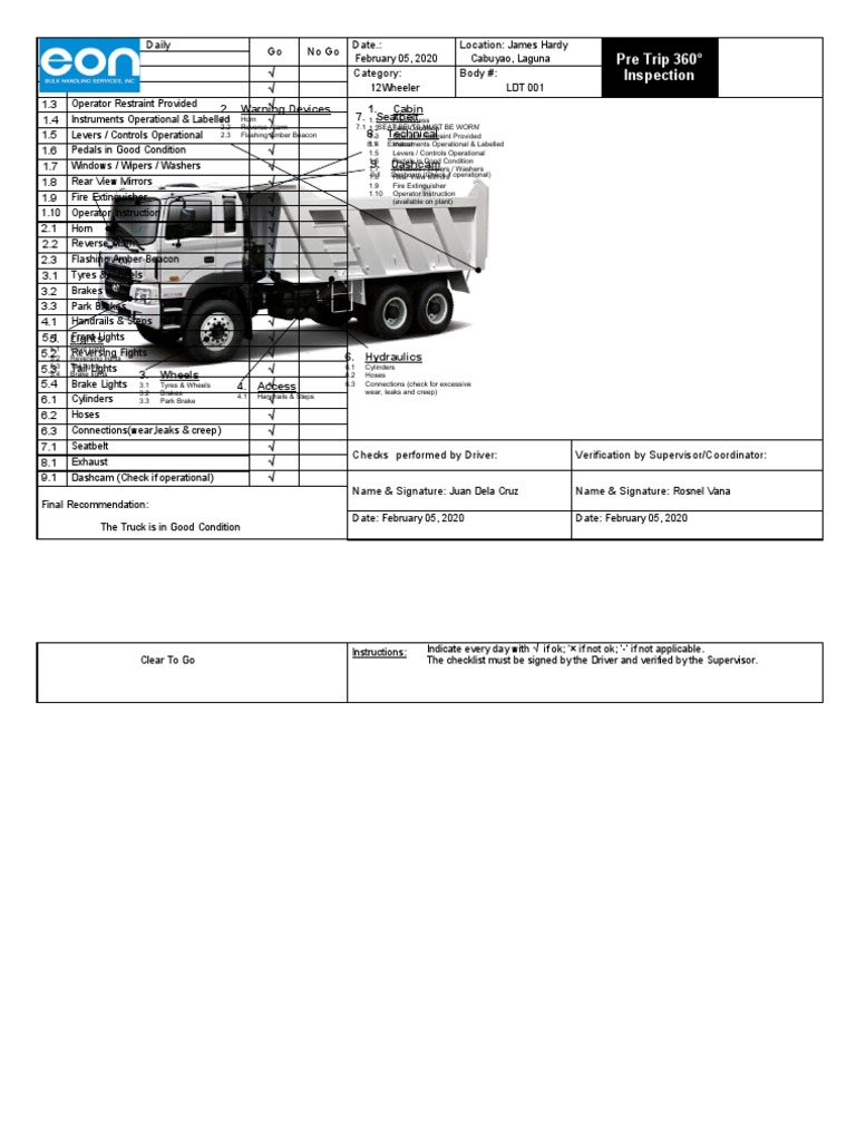 Pre Trip 360 Inspection | PDF | Truck | Automotive Industry
