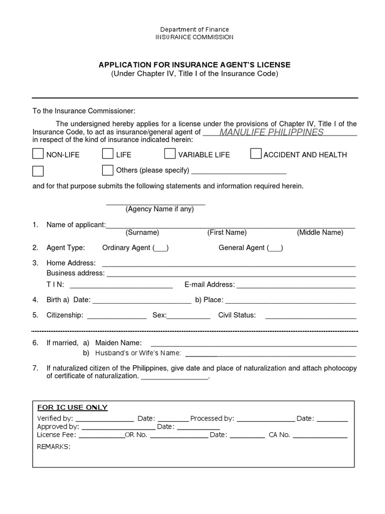 Application For Insurance Agent'S License: (Under Chapter IV, Title I ...