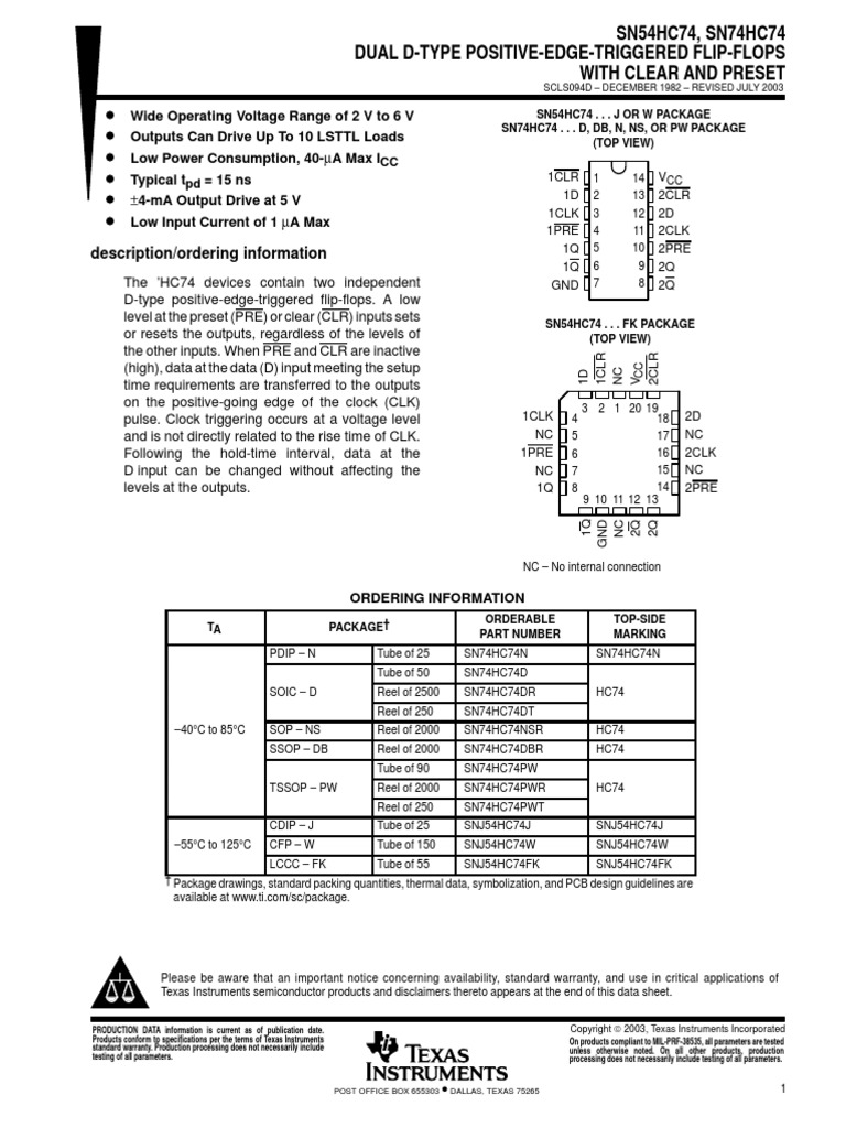 D D D D D D SN54HC74, SN74HC74 Dual DType PositiveEdgeTriggered