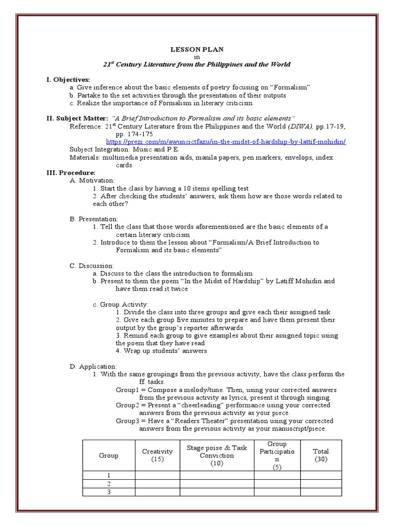 Formalism in Poetry: Lesson Plan | PDF | Poetry | Cognition