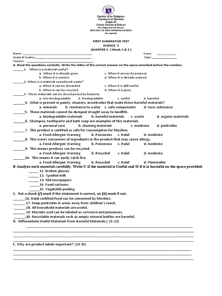 First Summative Test Science 5 QUARTER 1 - (Week 1 & 2) | Download Free ...